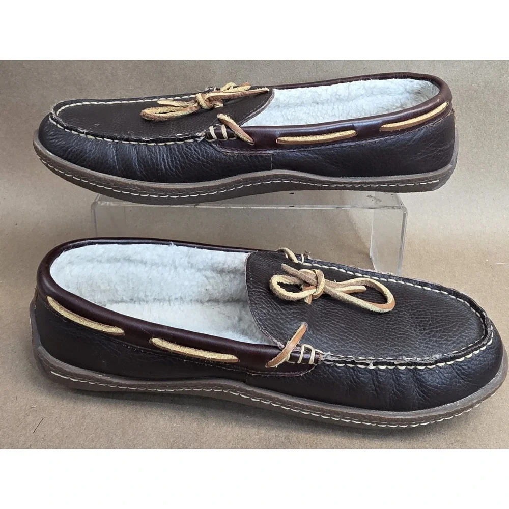 LL Bean Moccasin (Sz 10 M) Slipper Mens Brown Bow Slip On Loafer Leather 212984
